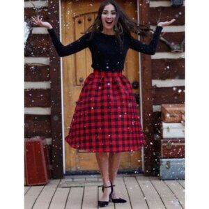 Shabby Apple Plaid Midi Fit & Flare Skirt in Red / Black - Sz 12 - New